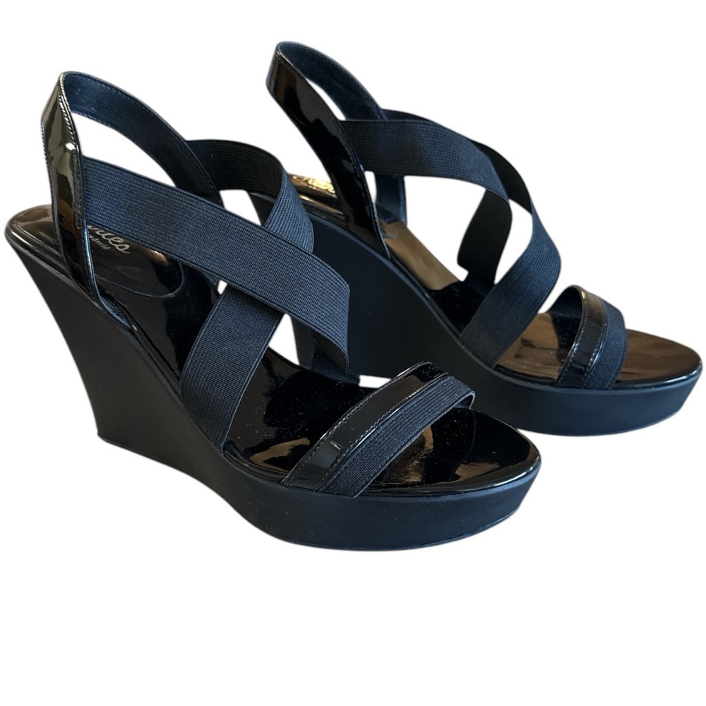 Strappy Patent Black Wedge Platform Sandals Size 10M